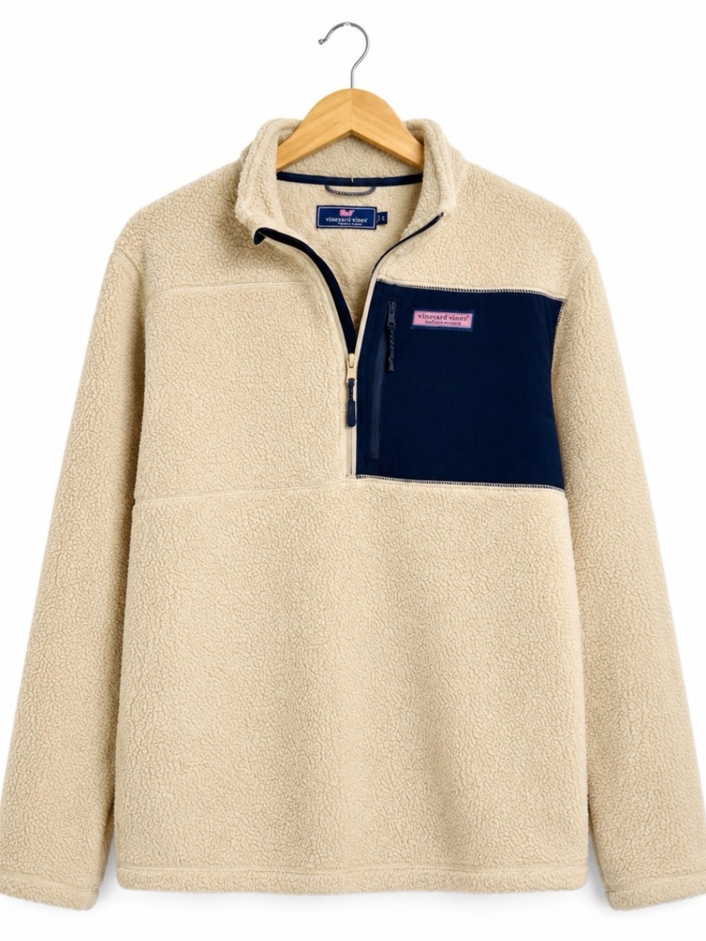 Vineyard Vines Stillwater Fleece Quarter Zip Pullover Jacket Large Cream Navy